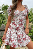 Floral Tie Front Frill Trim Pleated Dress