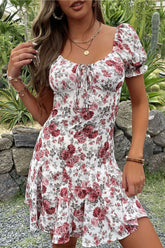 Floral Tie Front Frill Trim Pleated Dress