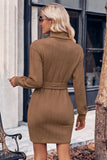 Turtle Neck Long Sleeve Tie Belt Mini Dress
