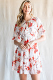 Floral Tie Neck Flounce Sleeve Tiered Mini Dress