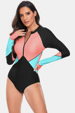 Color Block Half Zip Long Sleeve One-Piece Swimwear