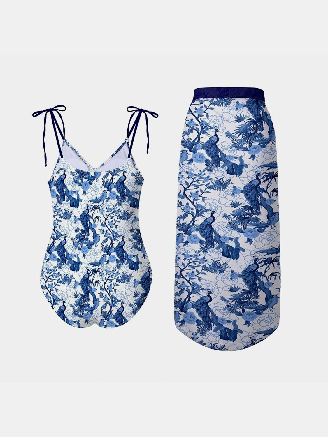 Printed Tie Shoulder Swimwear and Skirt Swim Set