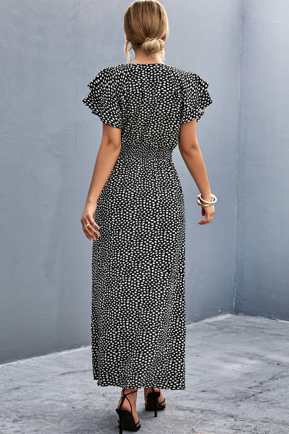 Printed Tie-Neck Flutter Sleeve Split Dress