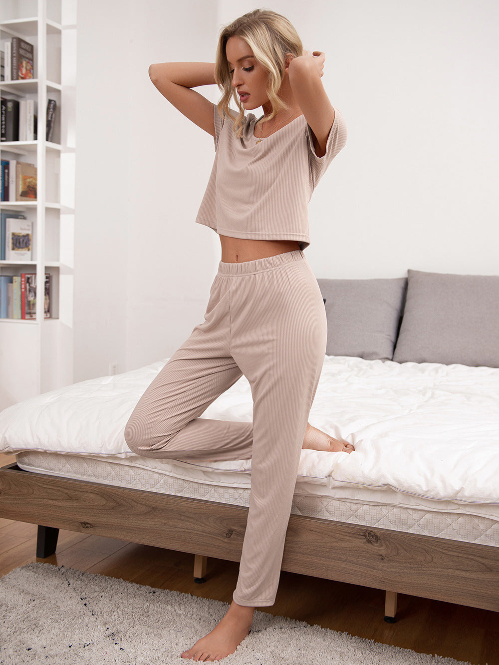 Round Neck Short Sleeve Top and Pants Lounge Set